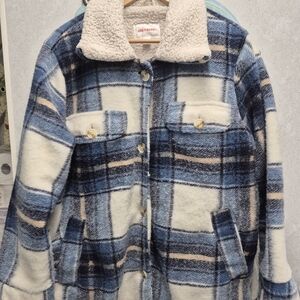 Blue And Cream Plaid Cozy Sherpa Jacket